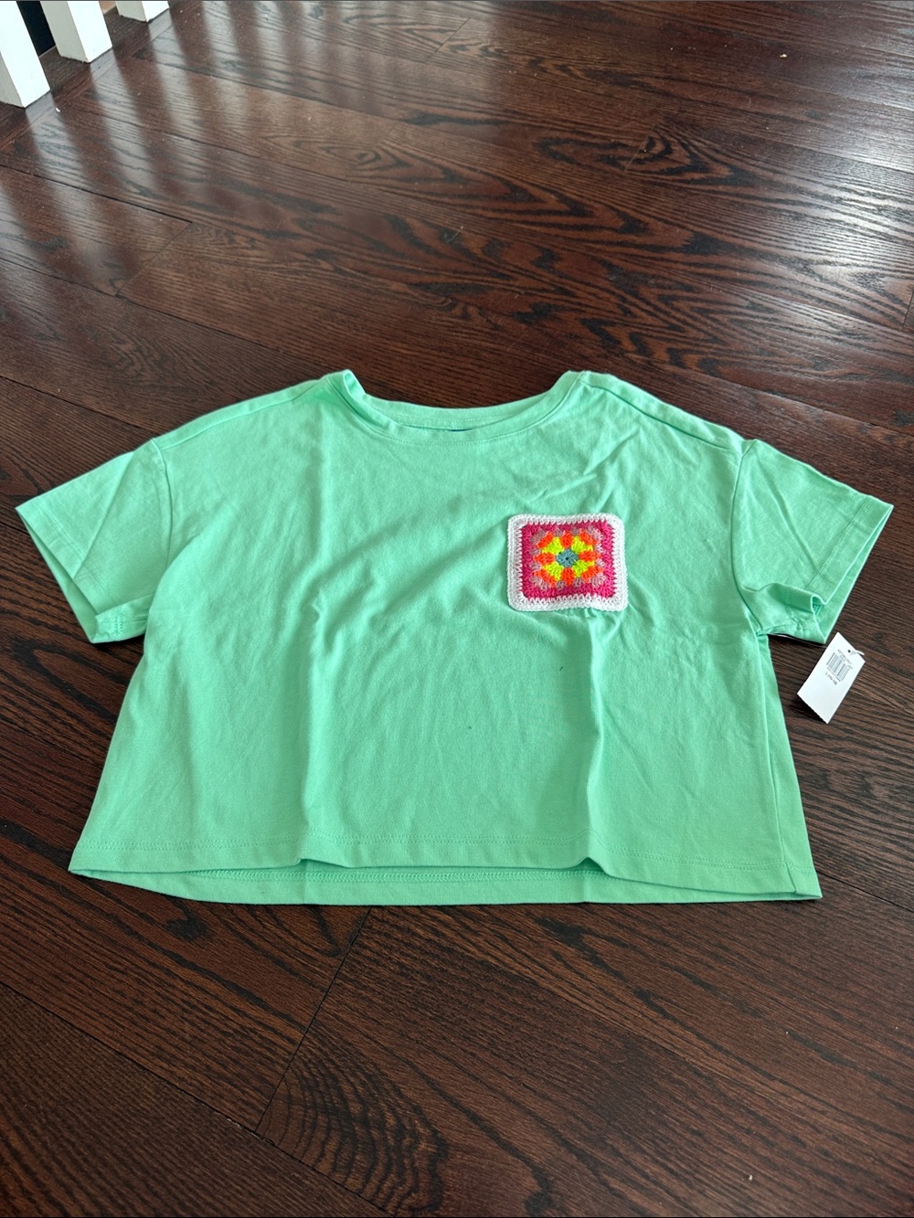 Old Navy Mint Green Cropped Tee with Colorful Crochet Square